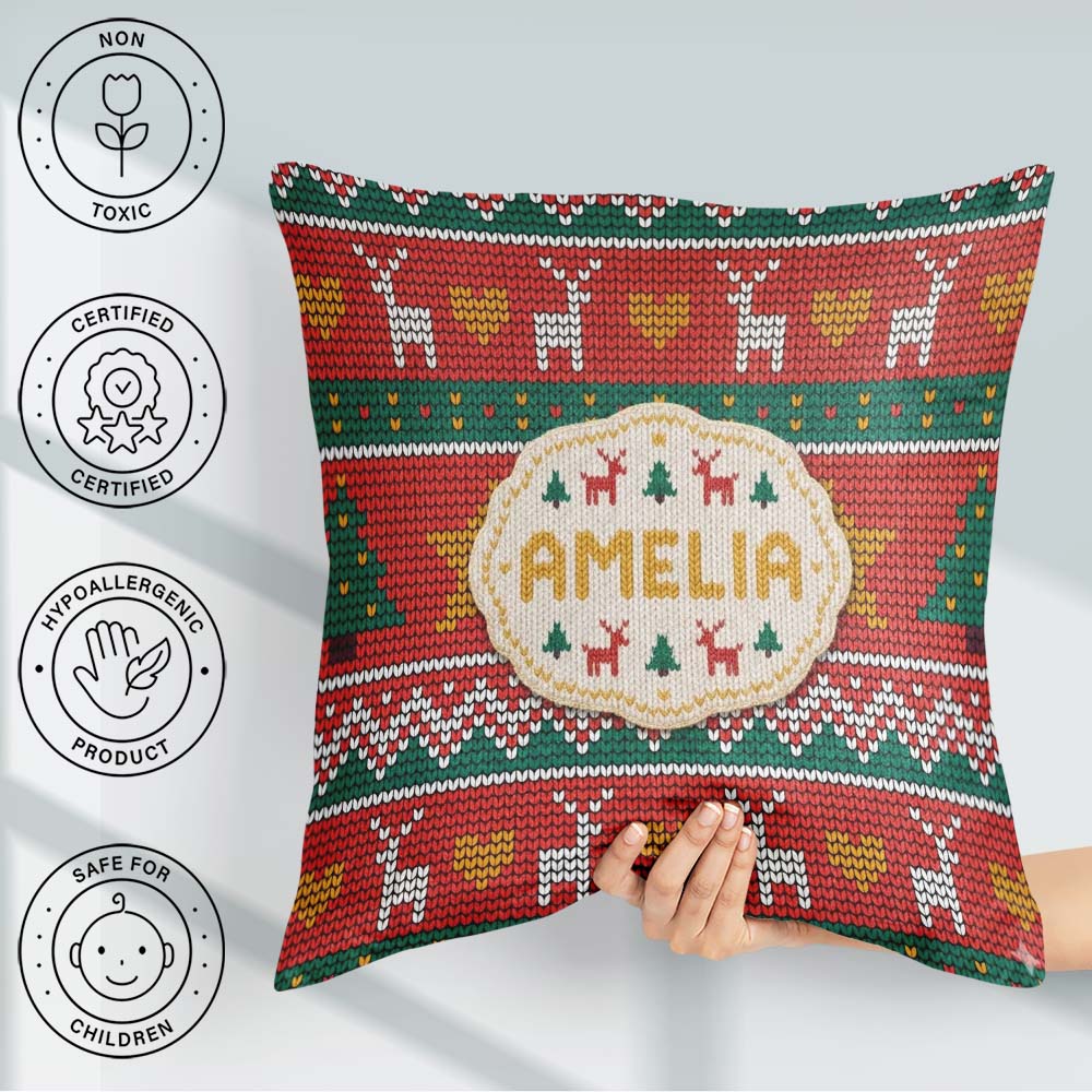 Custom Name Festive Reindeer Christmas Tree Nordic Knit Seamless Square Filled Cushion Throw Pillow Sofa Bed Home Decor Zip Washable UK Made