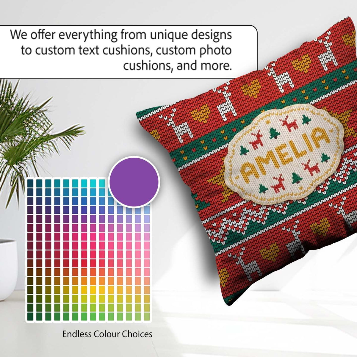 Custom Name Festive Reindeer Christmas Tree Nordic Knit Seamless Square Filled Cushion Throw Pillow Sofa Bed Home Decor Zip Washable UK Made