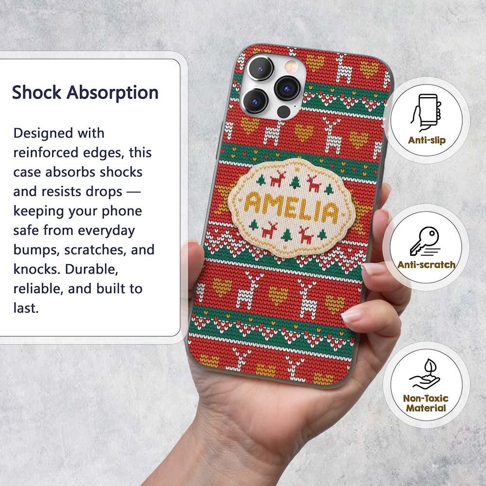 Festive Reindeer Heart Christmas Tree Nordic Knit Custom Name Protective Phone Case Mobile Cover Durable Everyday Smartphone Shock Resistant