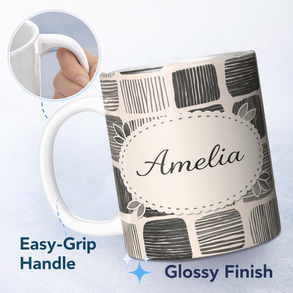 Personalized Custom Name Mixed Stripe Blocks Black Grey Textured Patch Pattern Lovely 11oz Ceramic Coffee Tea Mug White Large Handle
