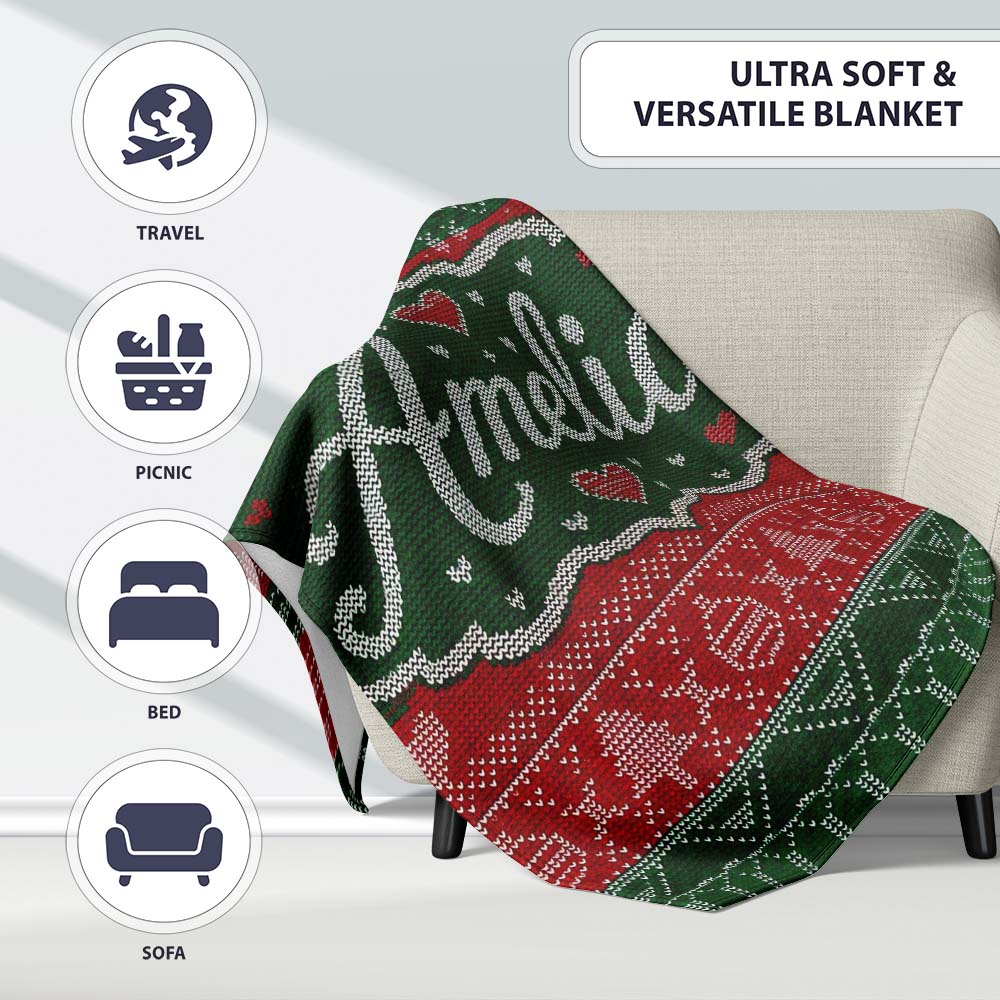 Classic Nordic Christmas Ornament Heart Stripe Knit Seamless Pattern Personalised Custom Name Super Soft Fleece Blanket Bed Sofa Throw