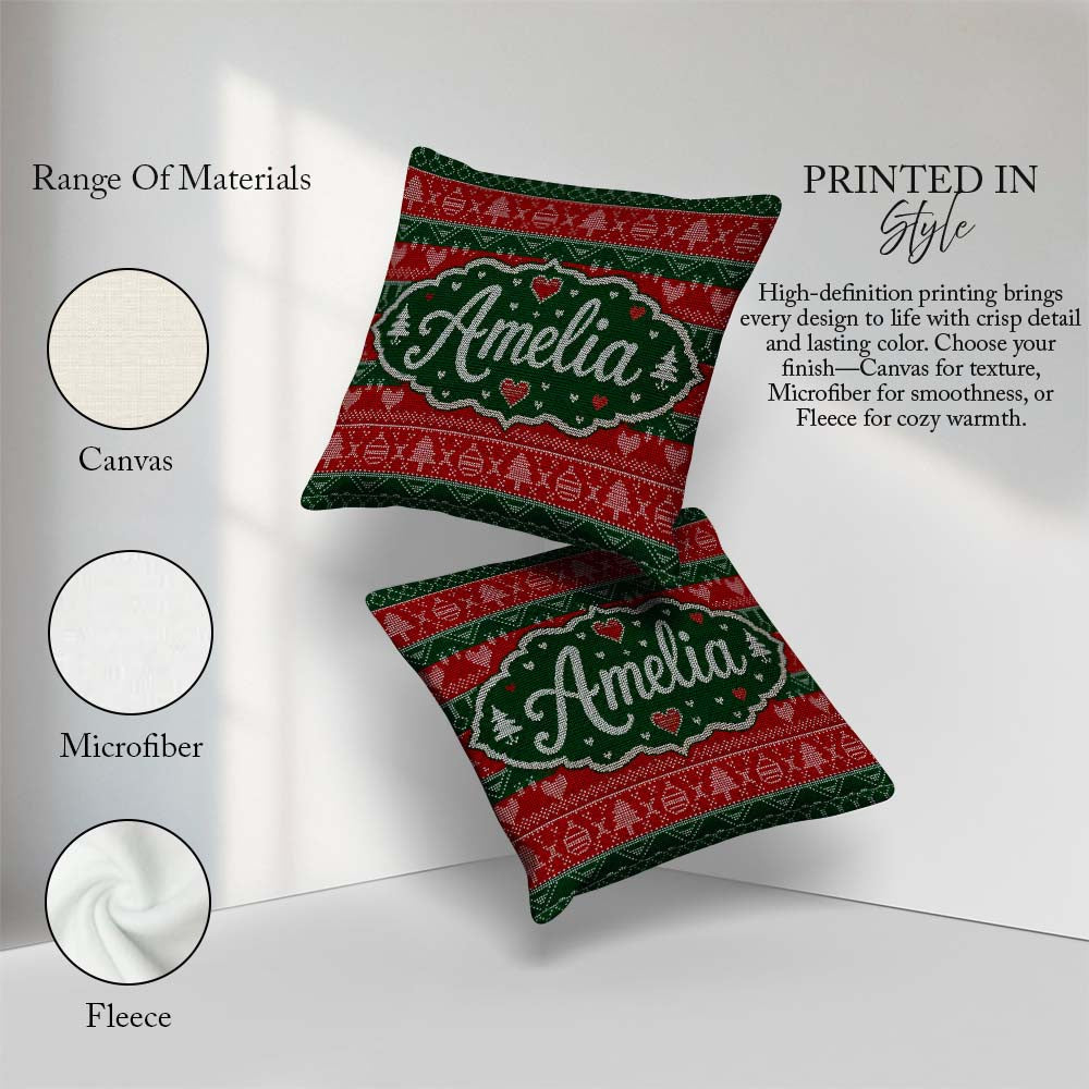 Custom Name Nordic Christmas Ornament Heart Stripe Knit Seamless Square Filled Cushion Throw Pillow Sofa Bed Home Decor Zip Washable UK Made
