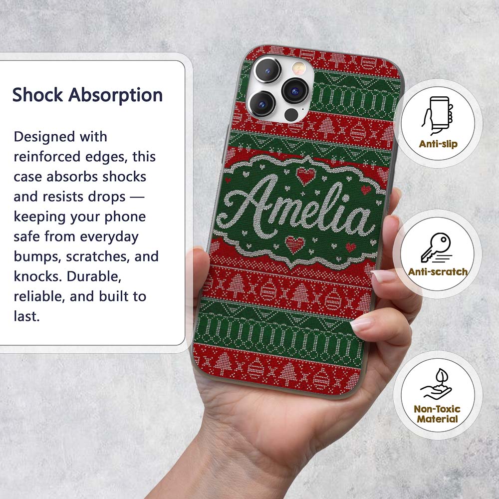 Classic Nordic Christmas Ornament Heart Stripe Custom Name Protective Phone Case Mobile Cover Durable Everyday Smartphone Shock Resistant