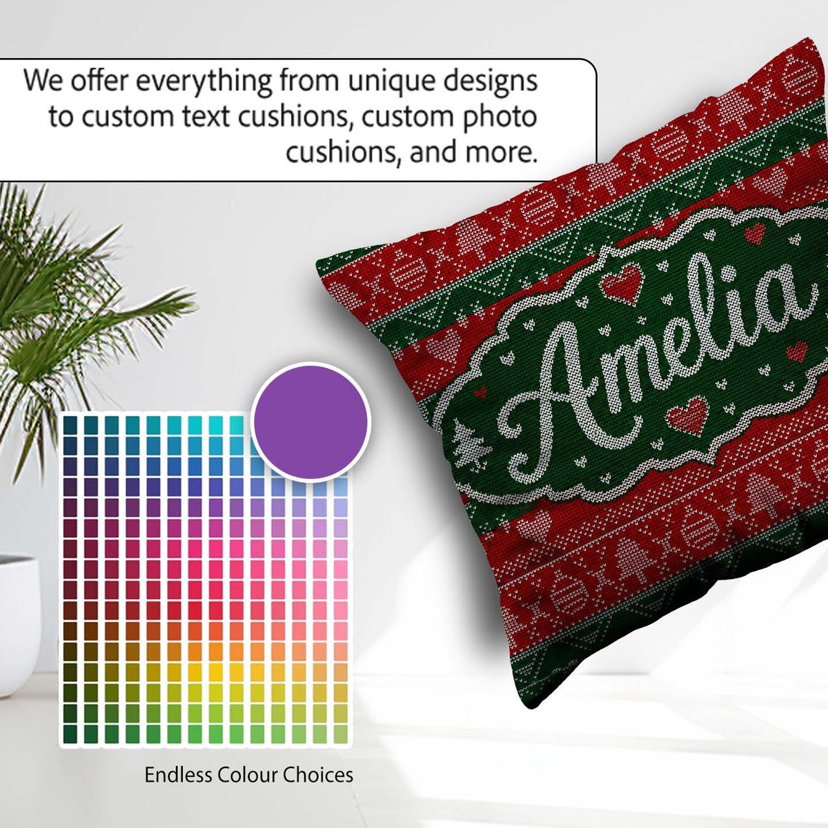 Custom Name Nordic Christmas Ornament Heart Stripe Knit Seamless Square Filled Cushion Throw Pillow Sofa Bed Home Decor Zip Washable UK Made