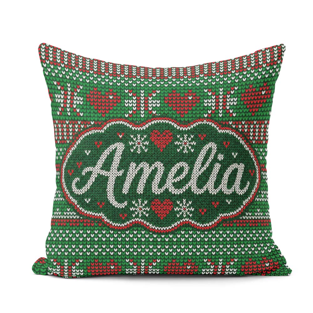 Custom Name Christmas Heart Stripe Knit Seamless Pattern Lovely Square Filled Cushion Throw Pillow Sofa Bed Home Decor Zip Washable UK Made