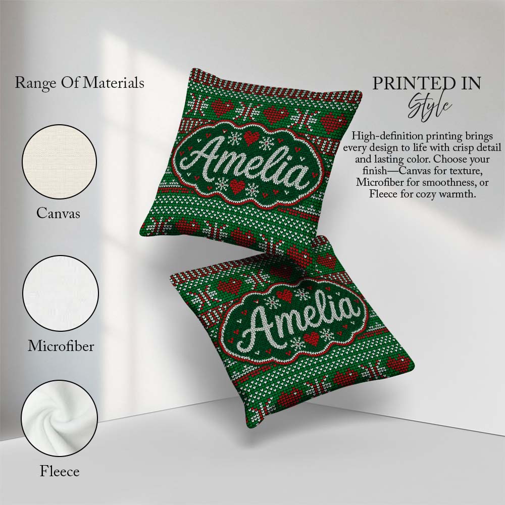 Custom Name Christmas Heart Stripe Knit Seamless Pattern Lovely Square Filled Cushion Throw Pillow Sofa Bed Home Decor Zip Washable UK Made