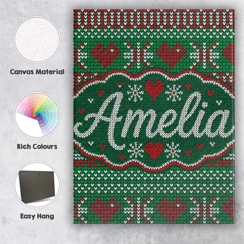 Personalised Name Christmas Heart Stripe Custom Unique Gift Idea Elegant Feature Canvas Wall Art Print Decor Picture Ready to Hang