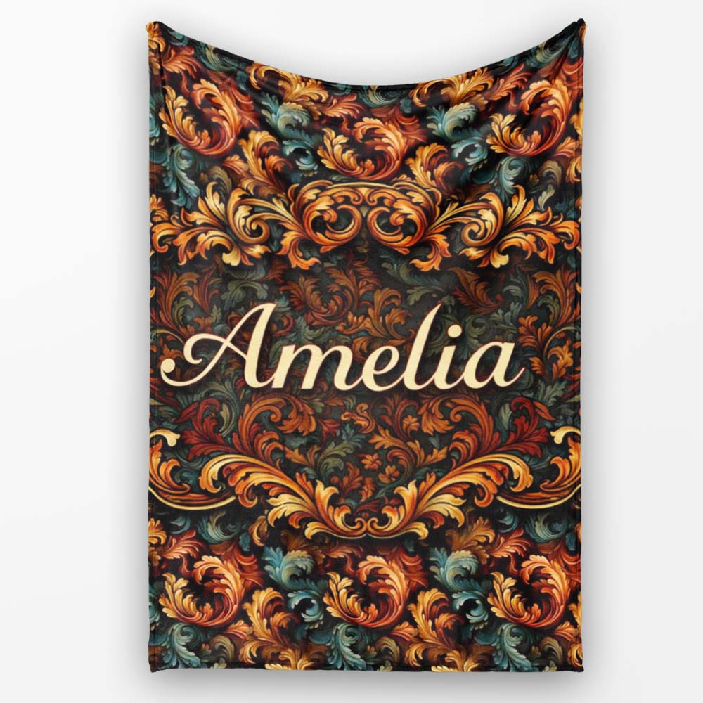 Teal Orange Baroque Floral Seamless Pattern Dark Artistic Ornamental Personalised Custom Name Super Soft Fleece Blanket Bed Sofa Throw