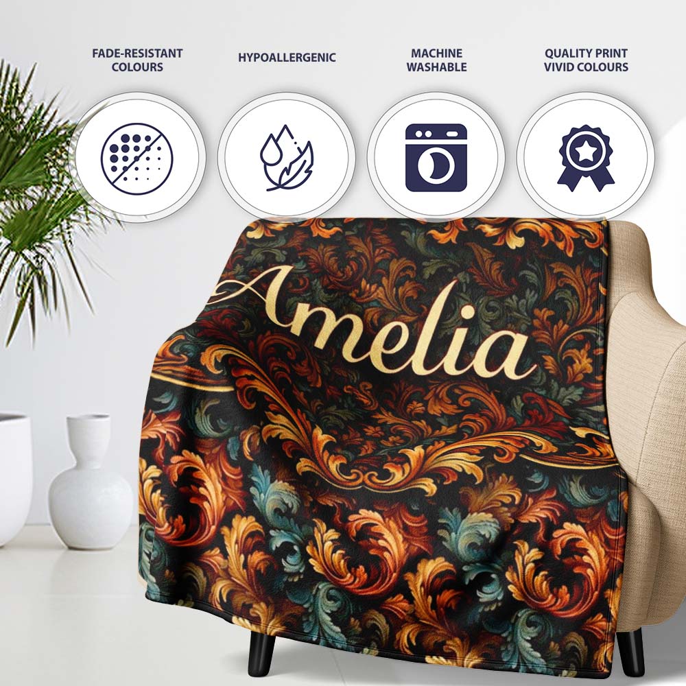 Teal Orange Baroque Floral Seamless Pattern Dark Artistic Ornamental Personalised Custom Name Super Soft Fleece Blanket Bed Sofa Throw