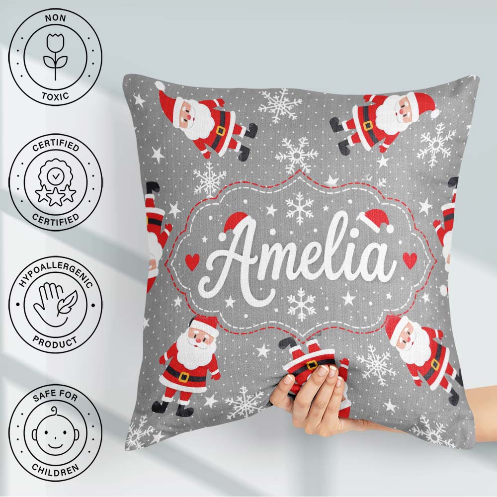 Custom Name Cute Santa Claus Snowflake Winter Seamless Pattern Square Filled Cushion Throw Pillow Sofa Bed Home Decor Zip Washable UK Made