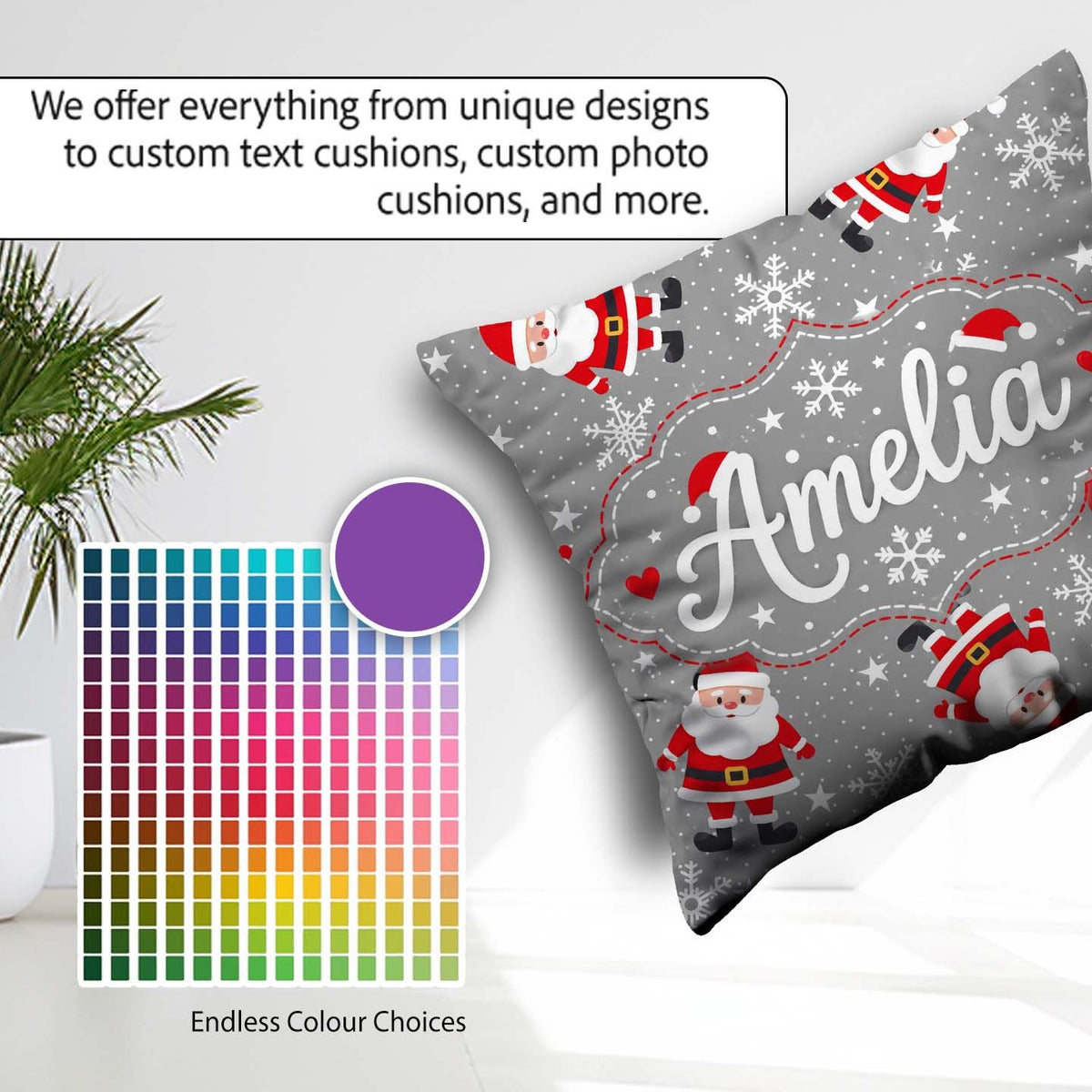 Custom Name Cute Santa Claus Snowflake Winter Seamless Pattern Square Filled Cushion Throw Pillow Sofa Bed Home Decor Zip Washable UK Made
