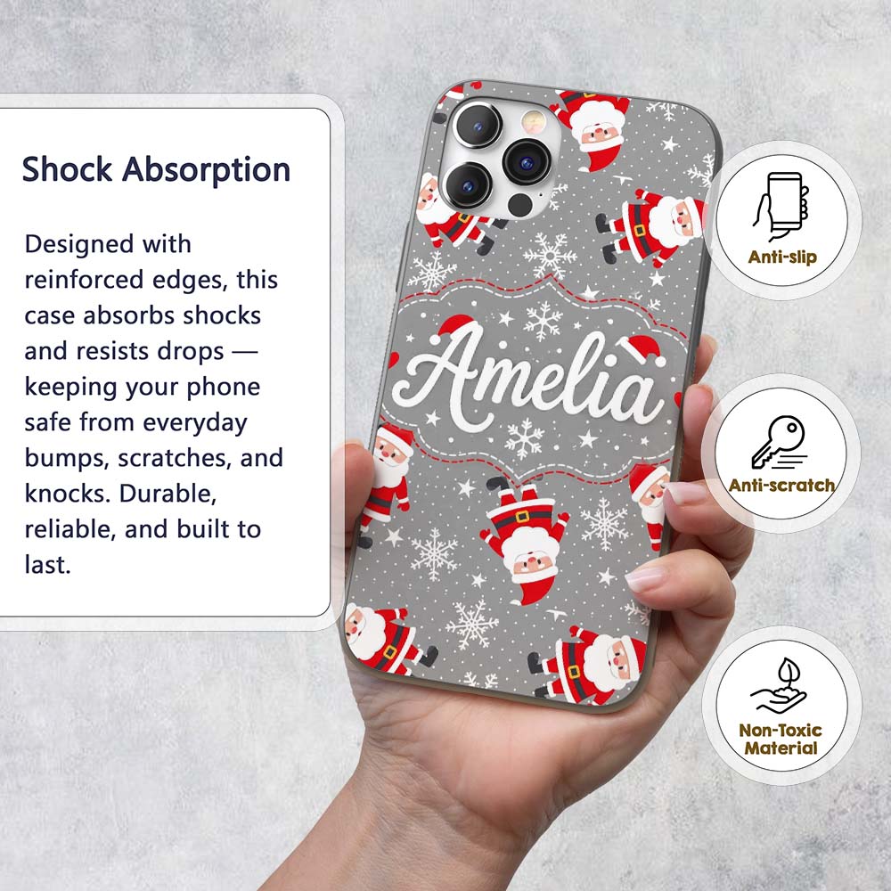 Cute Santa Claus Snowflake Winter Printed Design Custom Name Protective Phone Case Mobile Cover Durable Everyday Smartphone Shock Resistant