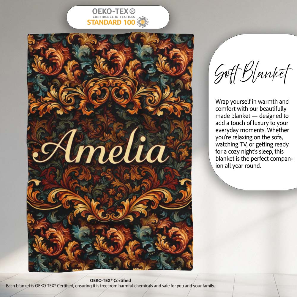 Teal Orange Baroque Floral Seamless Pattern Dark Artistic Ornamental Personalised Custom Name Super Soft Fleece Blanket Bed Sofa Throw