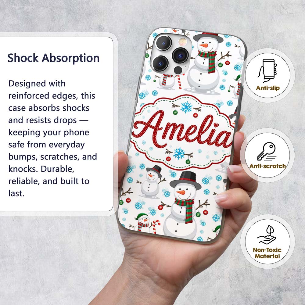 Happy Snowman Winter Holiday Seamless Pattern Custom Name Protective Phone Case Mobile Cover Durable Everyday Smartphone Shock Resistant