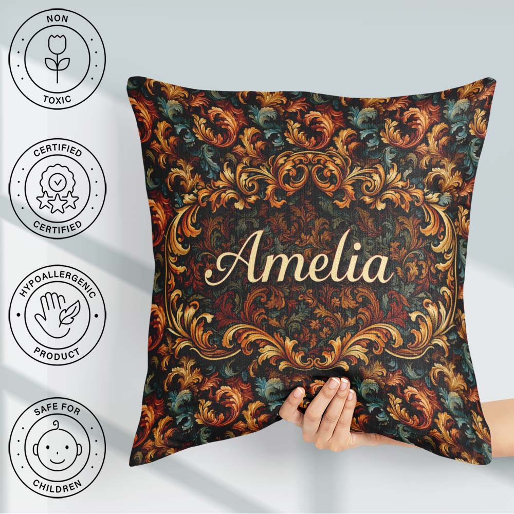 Custom Name Teal Orange Baroque Floral Seamless Pattern Artistic Square Filled Cushion Throw Pillow Sofa Bed Home Decor Zip Washable UK Made
