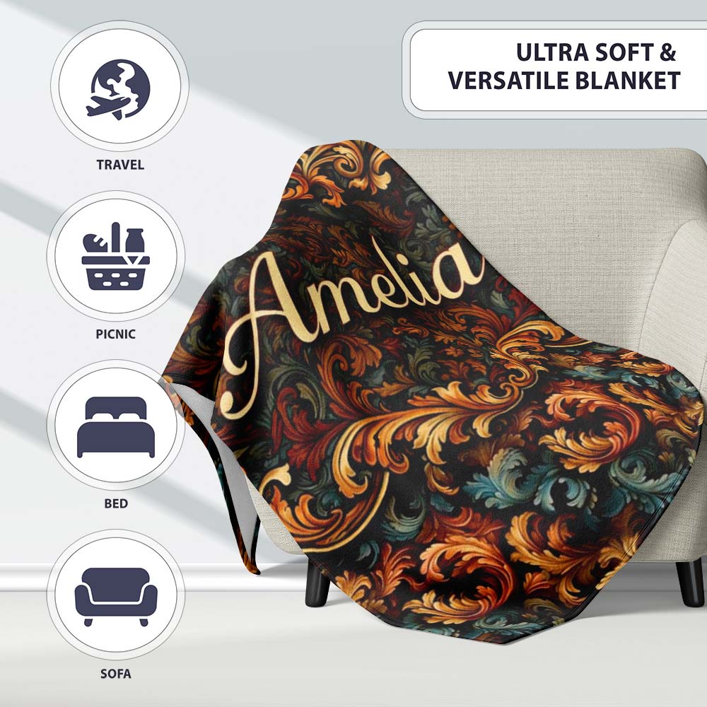 Teal Orange Baroque Floral Seamless Pattern Dark Artistic Ornamental Personalised Custom Name Super Soft Fleece Blanket Bed Sofa Throw