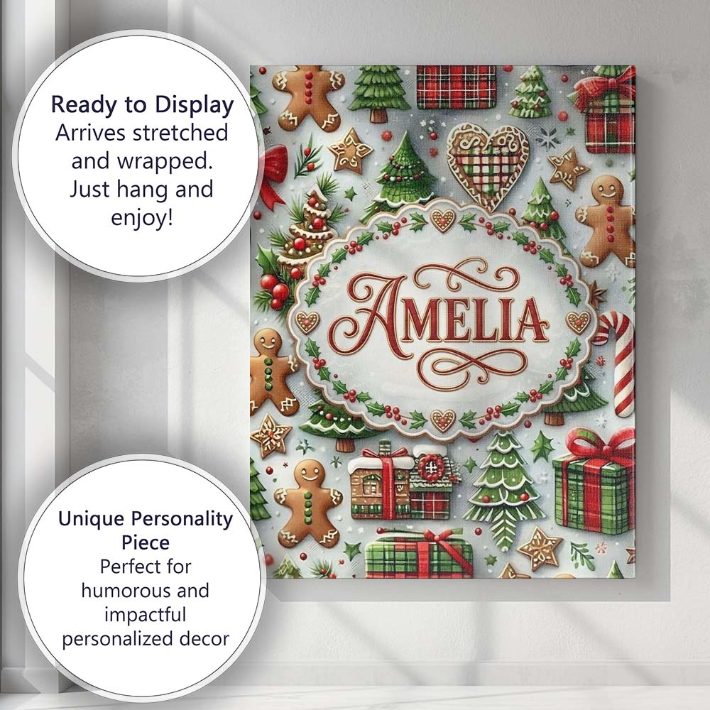 Personalised Name Christmas Gingerbread Custom Modern Room Accent Elegant Feature Canvas Wall Art Print Decor Picture Ready to Hang