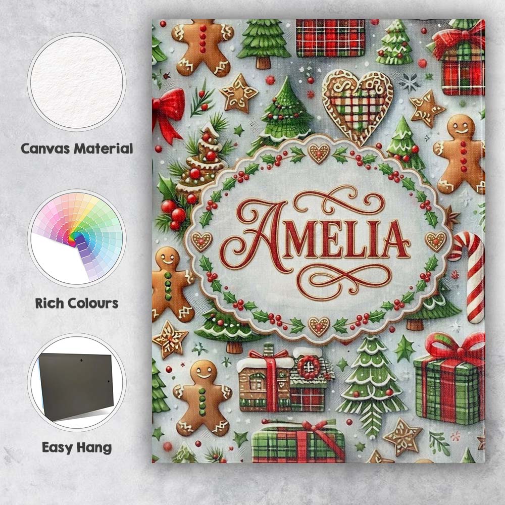 Personalised Name Christmas Gingerbread Custom Modern Room Accent Elegant Feature Canvas Wall Art Print Decor Picture Ready to Hang