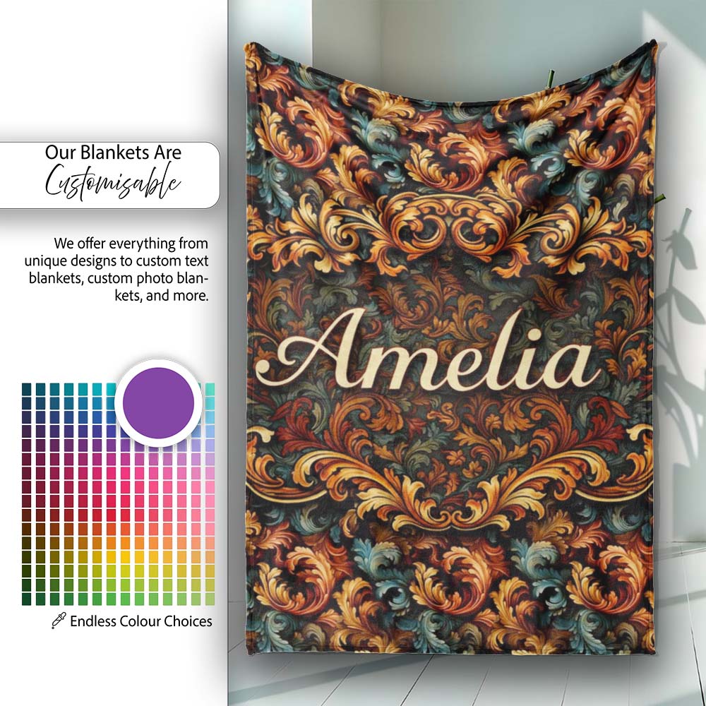 Teal Orange Baroque Floral Seamless Pattern Dark Artistic Ornamental Personalised Custom Name Super Soft Fleece Blanket Bed Sofa Throw