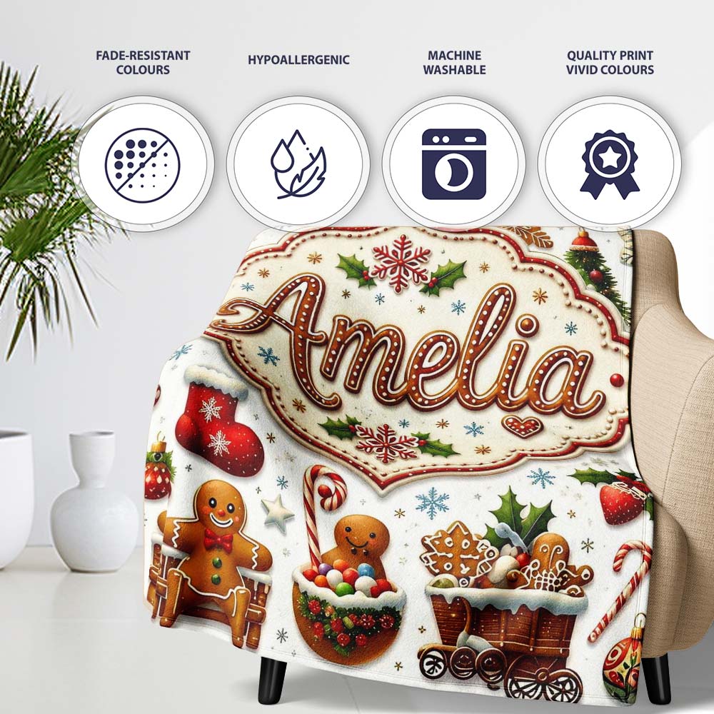 Vintage Christmas Snowman Wreath Gingerbread Tree Seamless Pattern Personalised Custom Name Super Soft Fleece Blanket Bed Sofa Throw