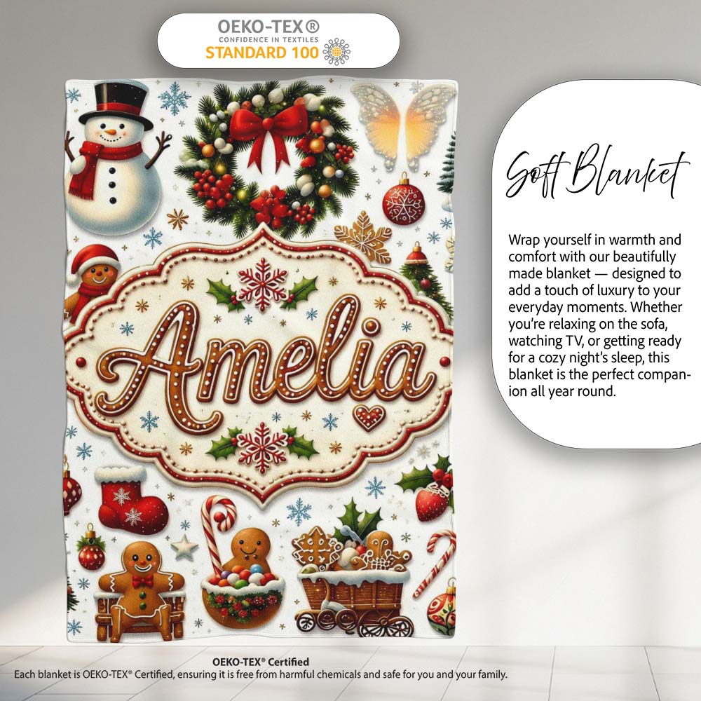Vintage Christmas Snowman Wreath Gingerbread Tree Seamless Pattern Personalised Custom Name Super Soft Fleece Blanket Bed Sofa Throw