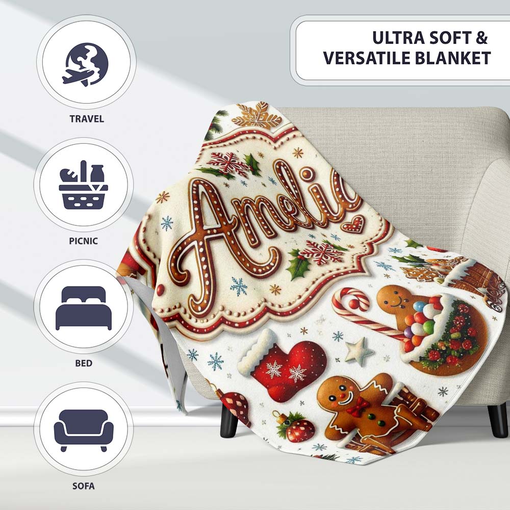 Vintage Christmas Snowman Wreath Gingerbread Tree Seamless Pattern Personalised Custom Name Super Soft Fleece Blanket Bed Sofa Throw