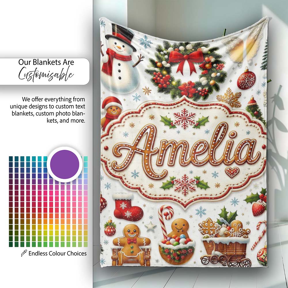 Vintage Christmas Snowman Wreath Gingerbread Tree Seamless Pattern Personalised Custom Name Super Soft Fleece Blanket Bed Sofa Throw