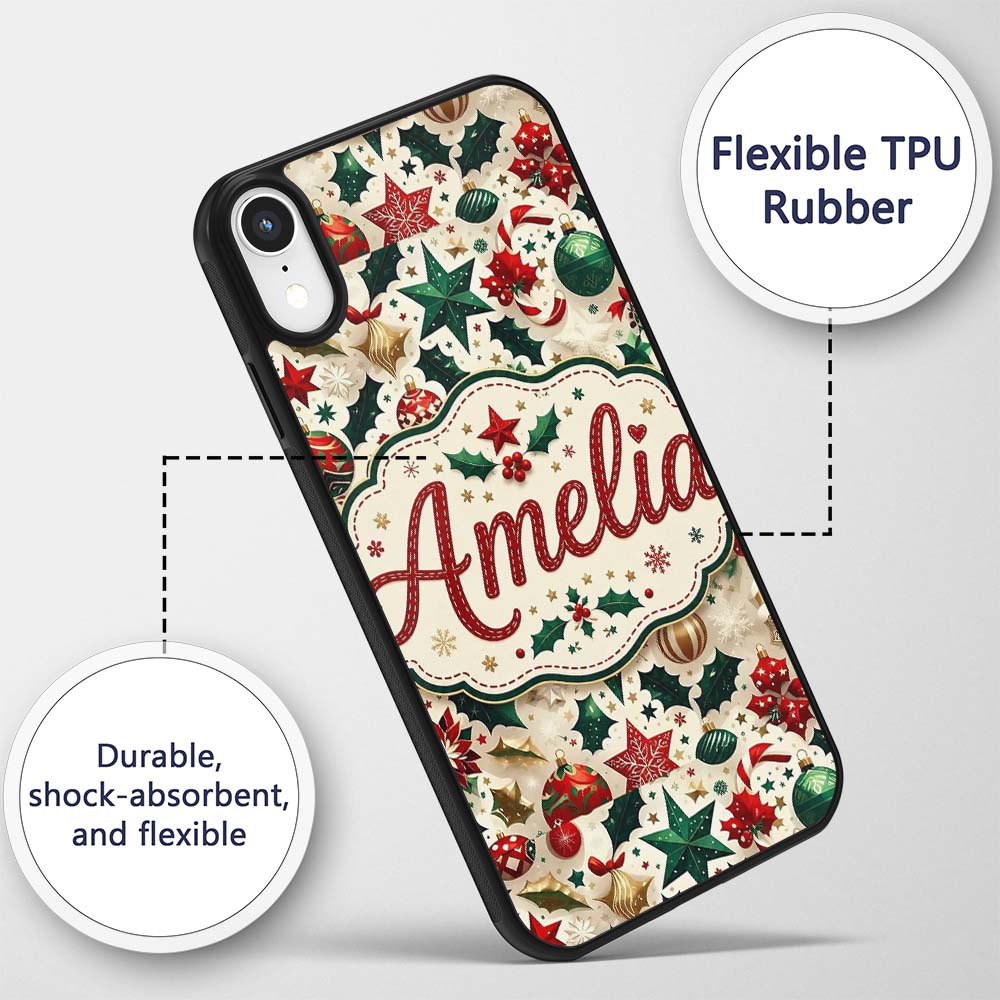 Festive Christmas Star Ornaments Holly Leaves Custom Name Protective Phone Case Mobile Cover Durable Everyday Smartphone Shock Resistant