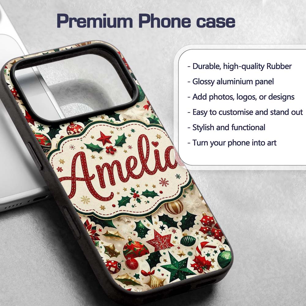 Festive Christmas Star Ornaments Holly Leaves Custom Name Protective Phone Case Mobile Cover Durable Everyday Smartphone Shock Resistant