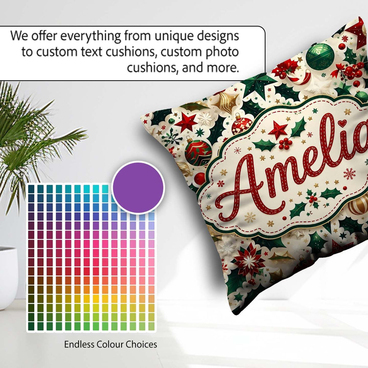 Custom Name Festive Christmas Star Holly Leaves Seamless Pattern Square Filled Cushion Throw Pillow Sofa Bed Home Decor Zip Washable UK Made
