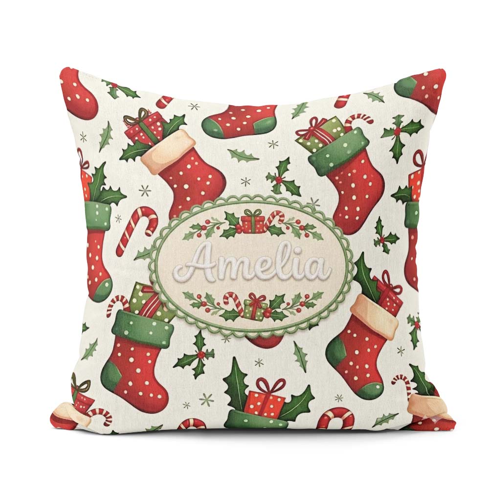Custom Name Christmas Stocking Gifts Candy Cane Seamless Pattern Square Filled Cushion Throw Pillow Sofa Bed Home Decor Zip Washable UK Made