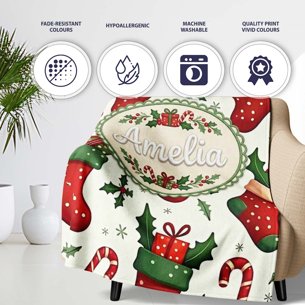 Cute Christmas Stocking Gifts Candy Cane Holly Seamless Pattern Personalised Custom Name Super Soft Fleece Blanket Bed Sofa Throw