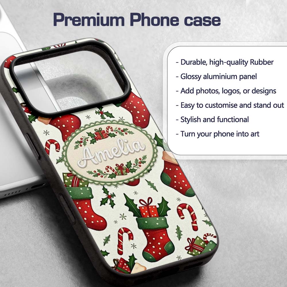 Cute Christmas Stocking Gifts Candy Cane Holly Custom Name Protective Phone Case Mobile Cover Durable Everyday Smartphone Shock Resistant
