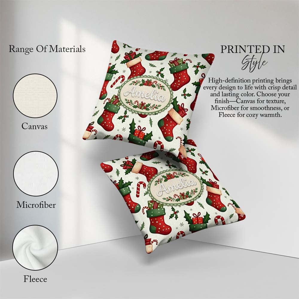 Custom Name Christmas Stocking Gifts Candy Cane Seamless Pattern Square Filled Cushion Throw Pillow Sofa Bed Home Decor Zip Washable UK Made