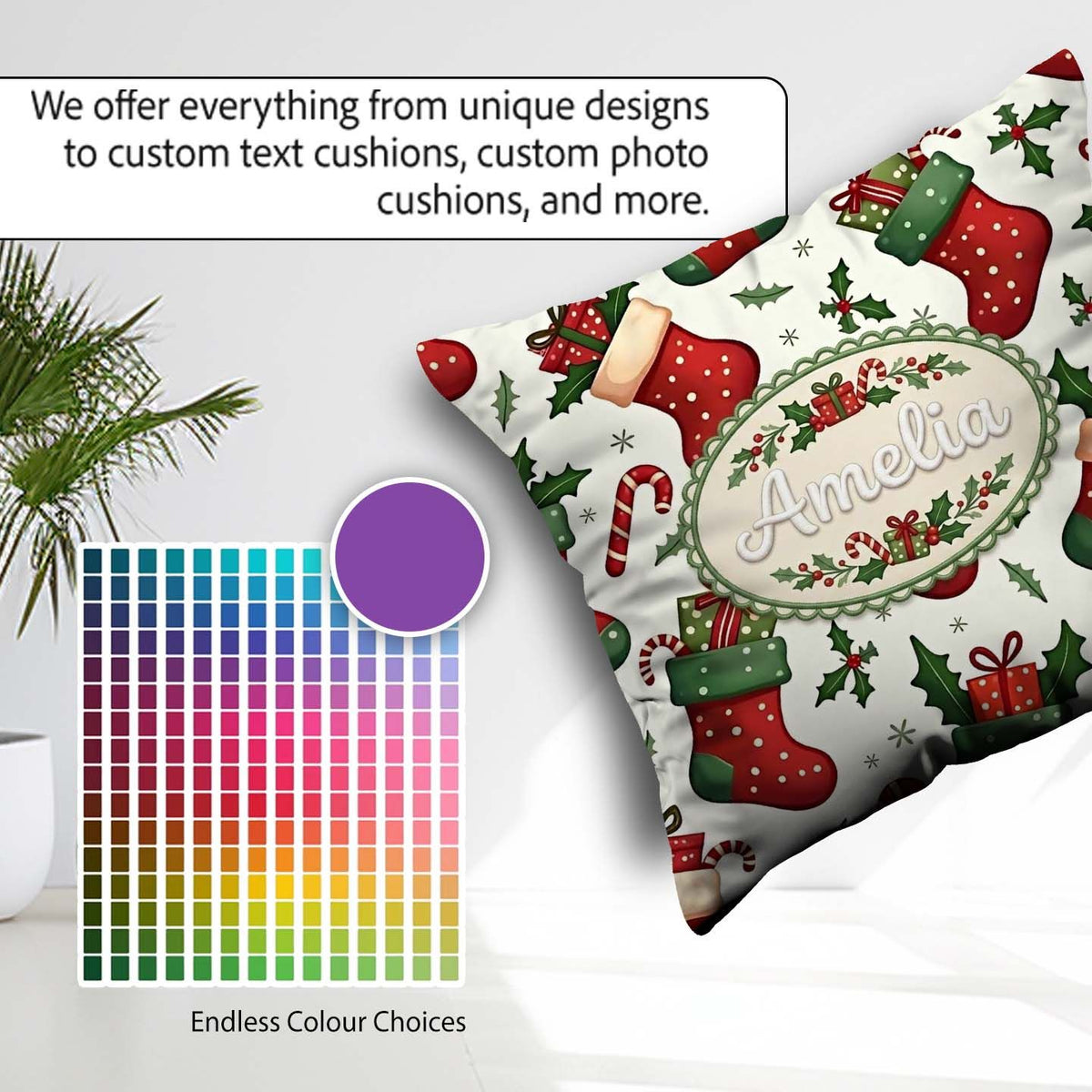 Custom Name Christmas Stocking Gifts Candy Cane Seamless Pattern Square Filled Cushion Throw Pillow Sofa Bed Home Decor Zip Washable UK Made
