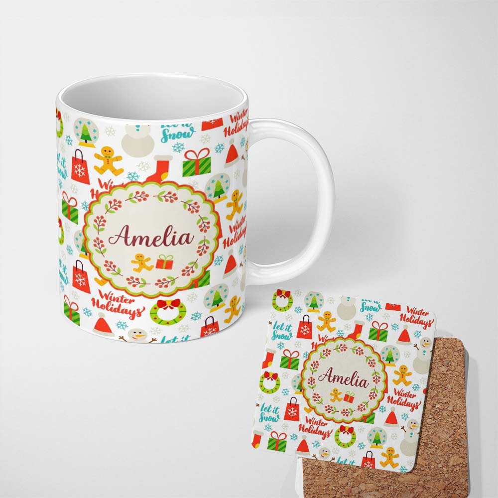 Personalized Custom Name Winter Holidays Snowman Gingerbread Gifts Festive Text Seamless 11oz Ceramic Coffee Tea Mug White Large Handle