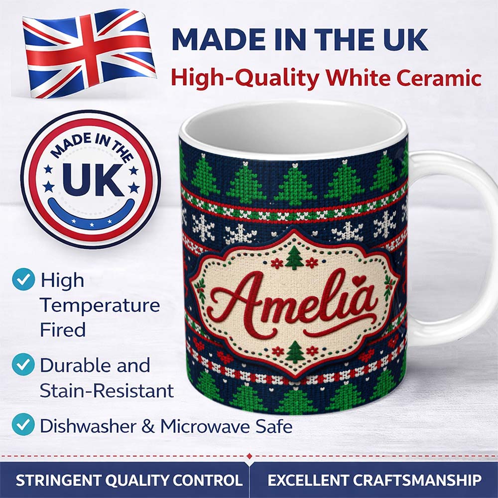 Personalized Custom Name Cute Knitted Reindeer Snowflake Nordic Winter Seamless Pattern 11oz Ceramic Coffee Tea Mug White Large Handle