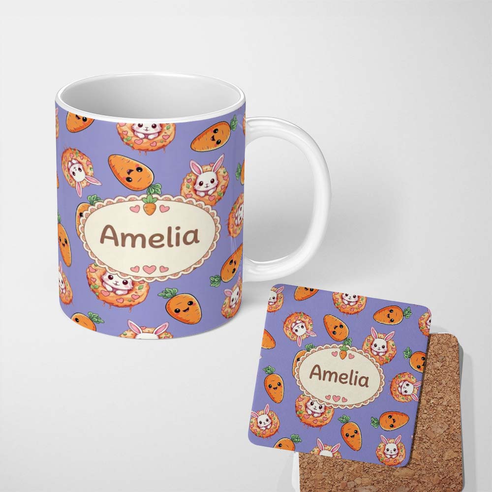 Personalized Custom Name Cute Easter Bunny Carrot Donut Hearts Pattern Lavender Purple Lovely 11oz Ceramic Coffee Tea Mug White Large Handle