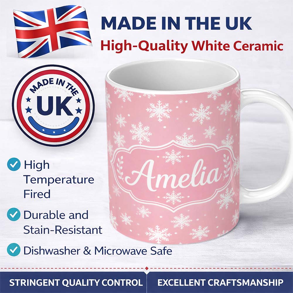 Personalized Custom Name Soft Pastel Pink Snowflakes Winter Seamless Pattern Cute Unique Gift 11oz Ceramic Coffee Tea Mug White Large Handle