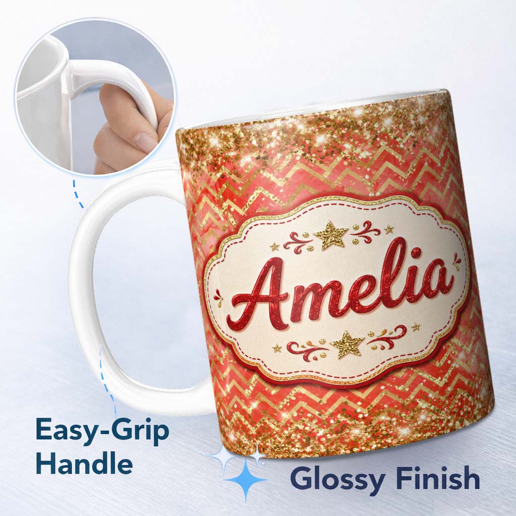 Personalized Custom Name Gold Glitter Chevron Festive Christmas Seamless Pattern Lovely 11oz Ceramic Coffee Tea Mug White Large Handle