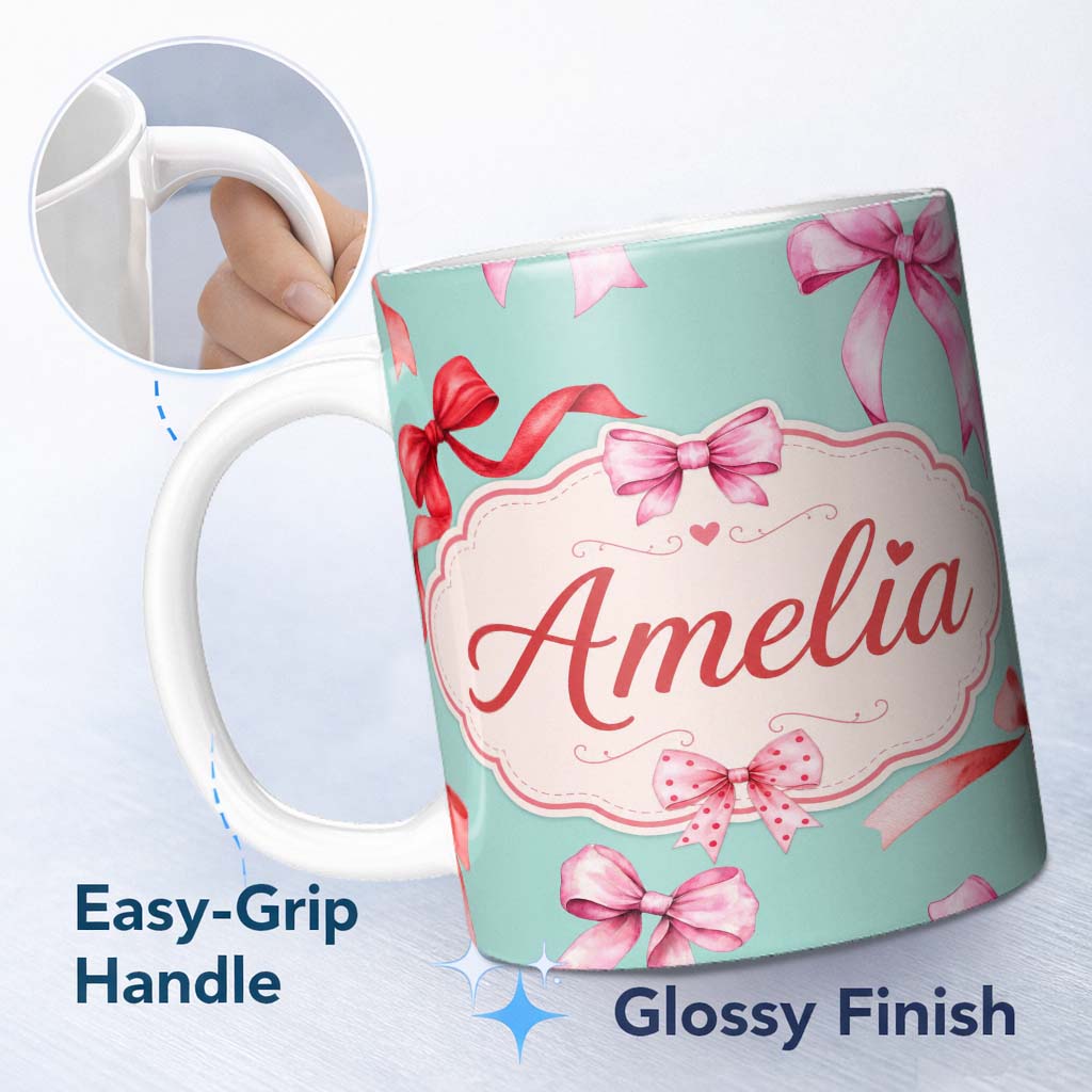 Personalized Custom Name Watercolor Red Pink Ribbon Bows Mint Green Background Cute Girly 11oz Ceramic Coffee Tea Mug White Large Handle