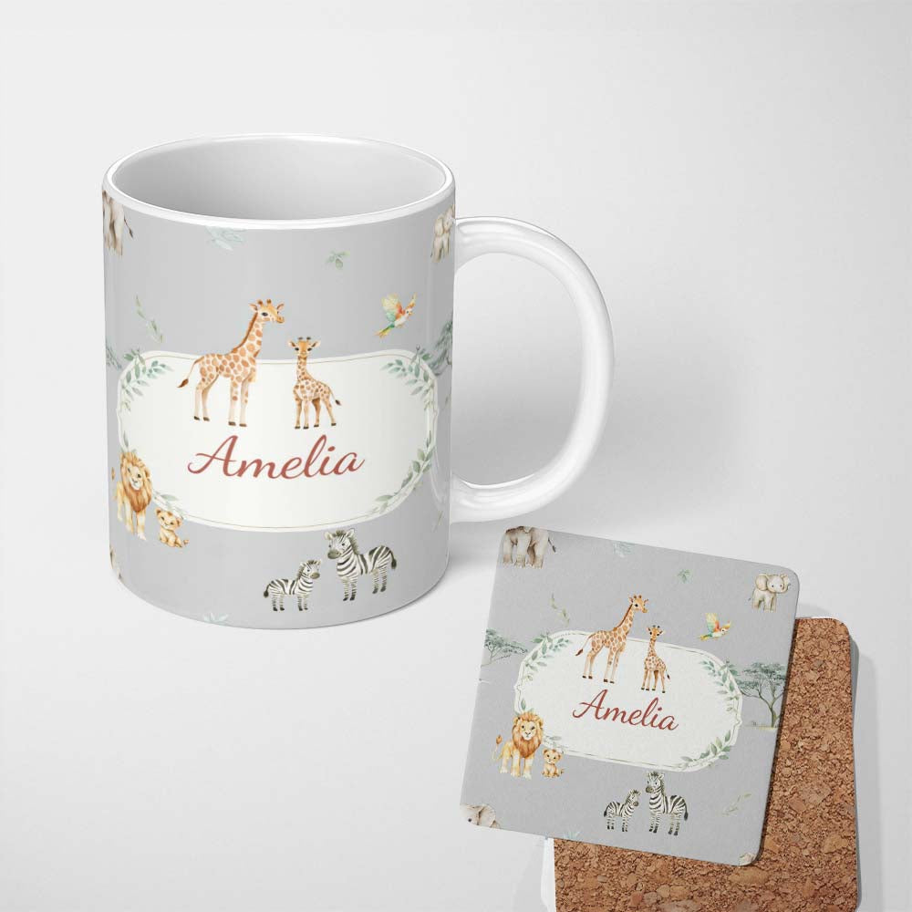 Personalized Custom Name Cute Safari Animals Giraffe Lion Zebra Parrot Seamless Pattern Grey 11oz Ceramic Coffee Tea Mug White Large Handle