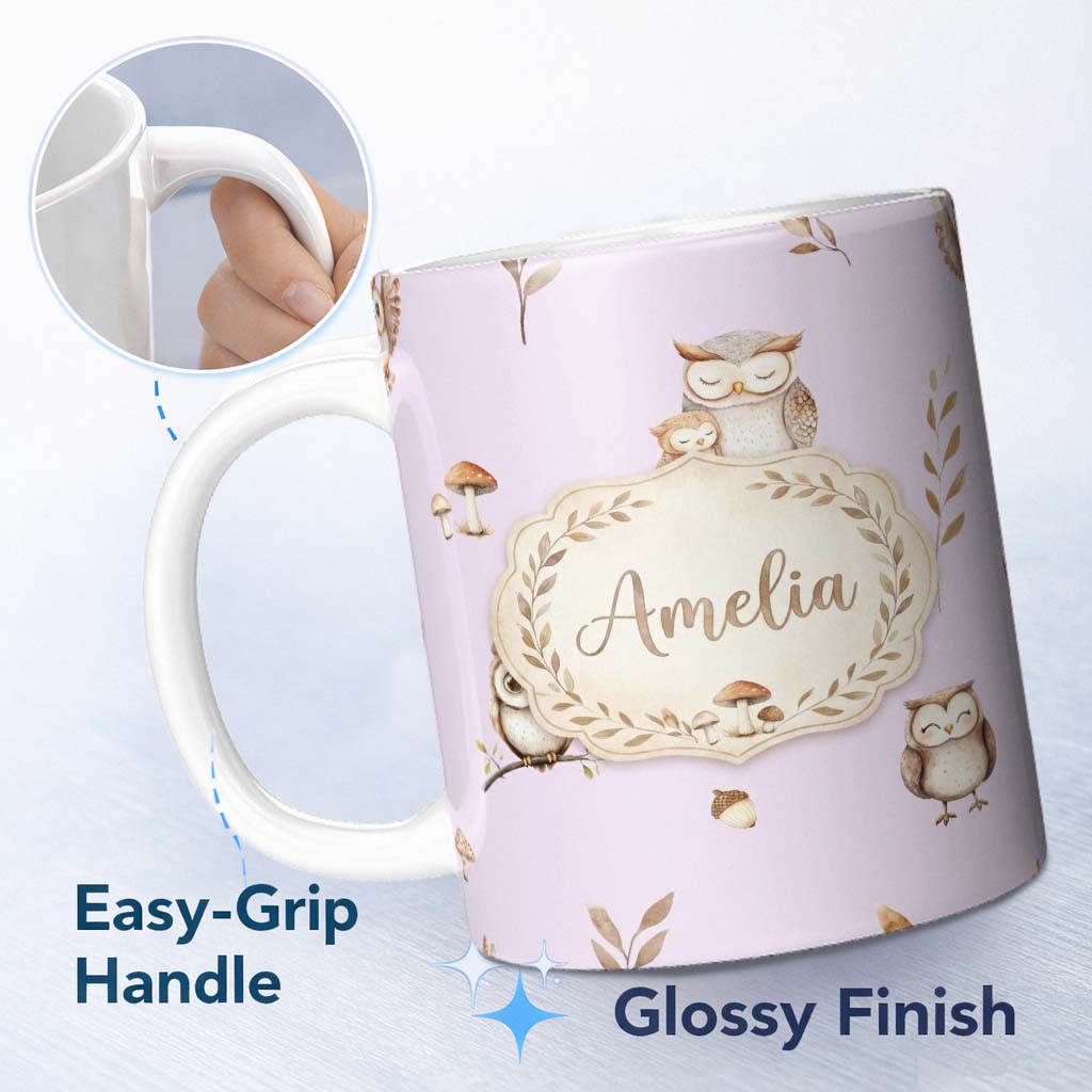 Personalized Custom Name Cute Woodland Owls Mushrooms and Leaves Soft Lavender Background 11oz Ceramic Coffee Tea Mug White Large Handle