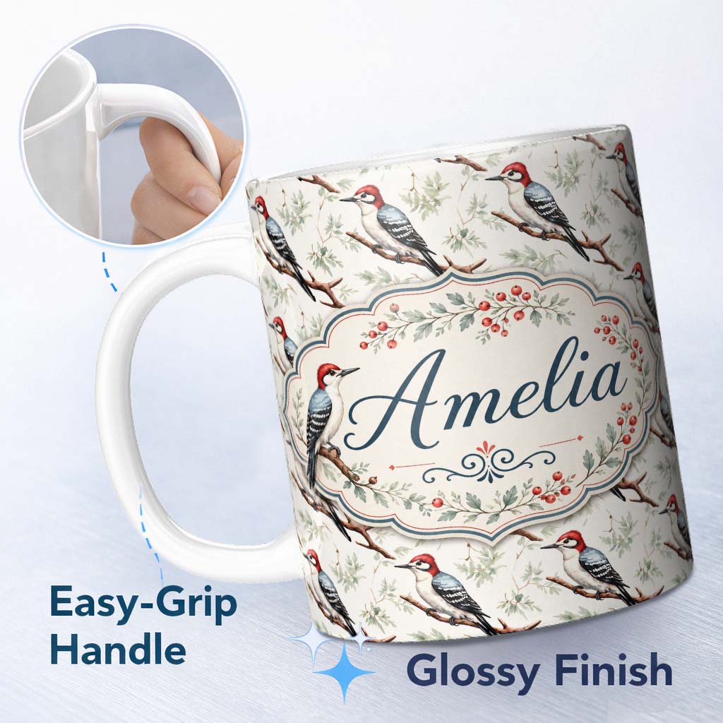 Personalized Custom Name Realistic Woodpecker Birds on Tree Branch Seamless Pattern Lovely 11oz Ceramic Coffee Tea Mug White Large Handle