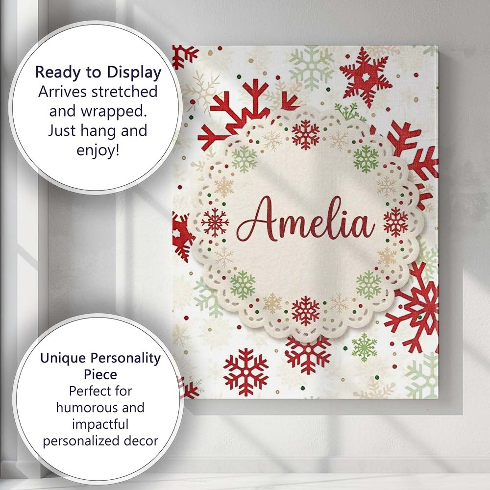 Personalised Name Classic Red Green Snowflake Custom Unique Gift Idea Modern Room Accent Canvas Wall Art Print Decor Picture Ready to Hang