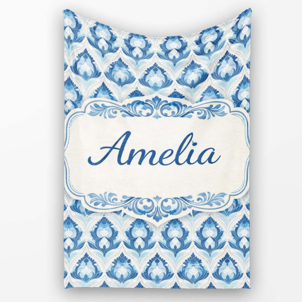 Blue Geometric Art Deco Seamless Pattern Symmetrical Decorative Personalised Custom Name Super Soft Fleece Blanket Bed Sofa Throw