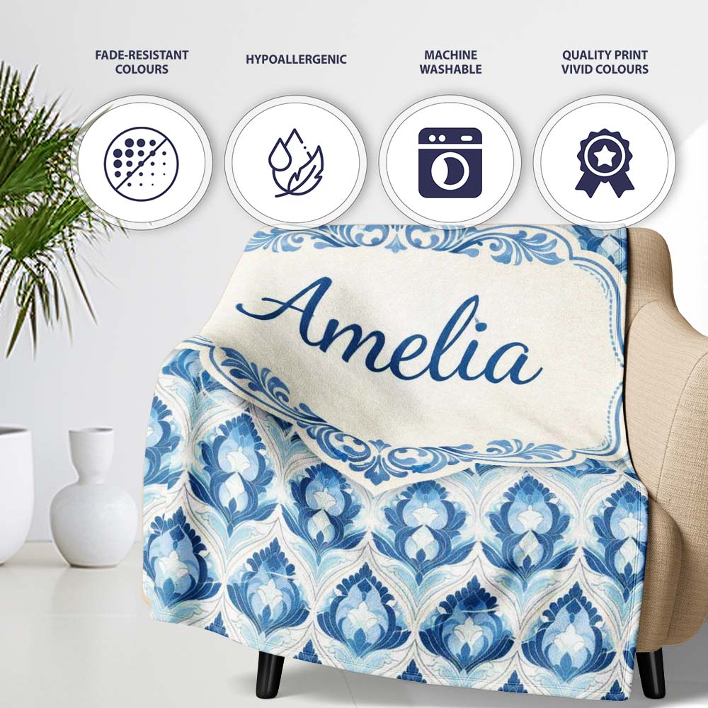 Blue Geometric Art Deco Seamless Pattern Symmetrical Decorative Personalised Custom Name Super Soft Fleece Blanket Bed Sofa Throw