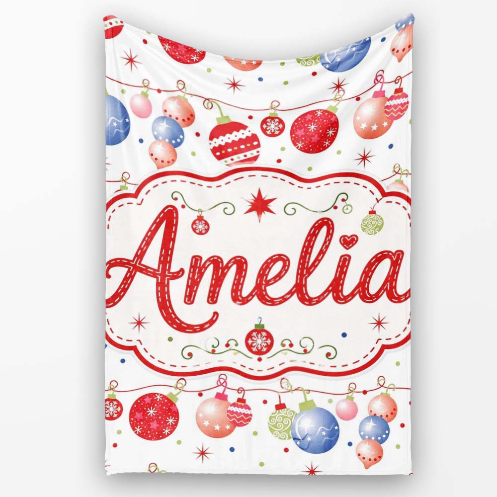 Colorful Christmas Baubles Garland Ornament Seamless Pattern Lovely Personalised Custom Name Super Soft Fleece Blanket Bed Sofa Throw
