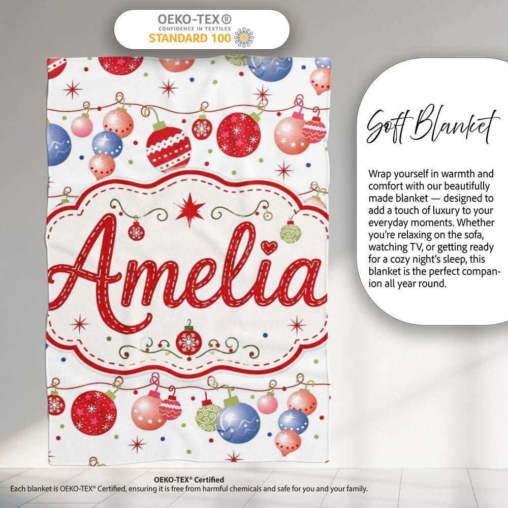 Colorful Christmas Baubles Garland Ornament Seamless Pattern Lovely Personalised Custom Name Super Soft Fleece Blanket Bed Sofa Throw