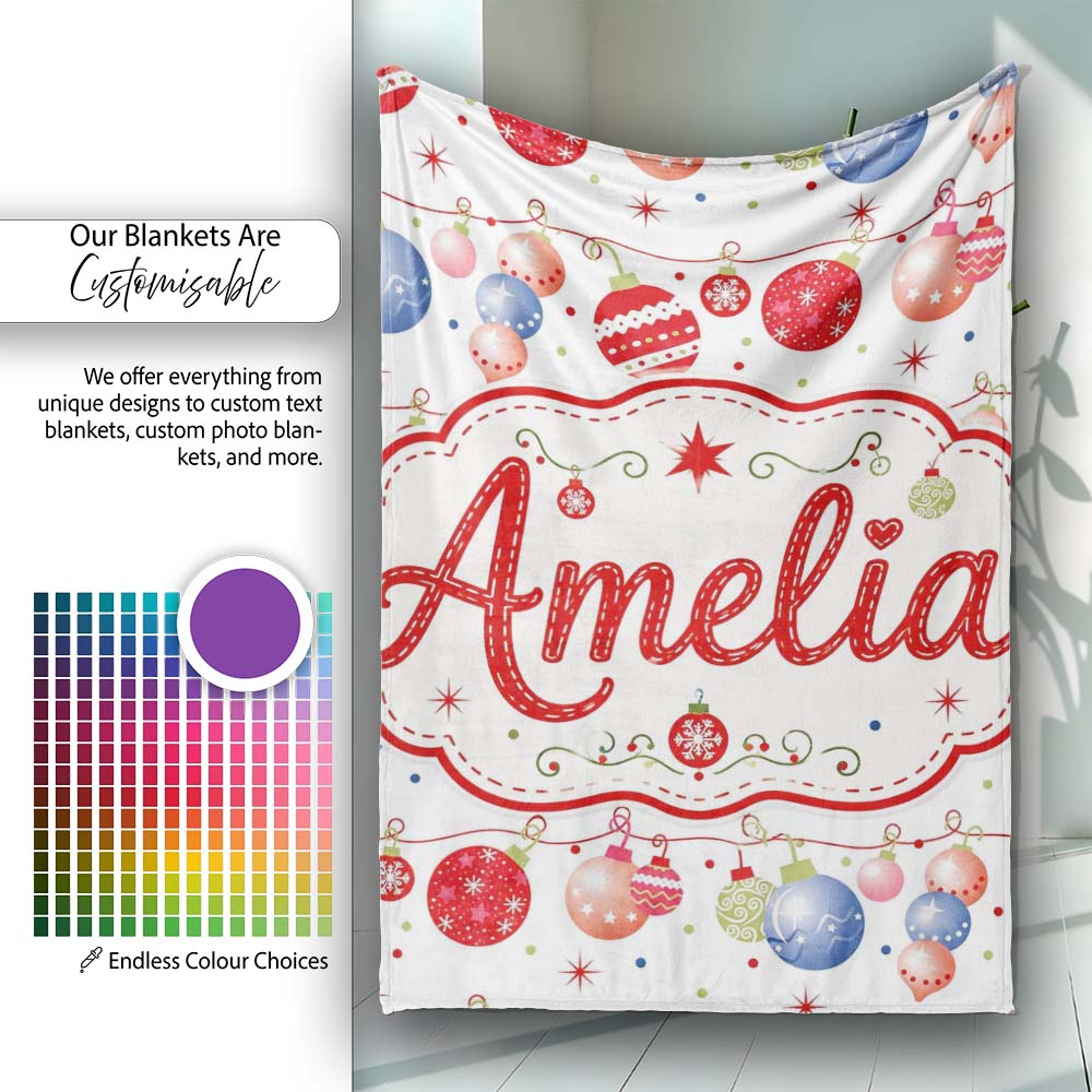 Colorful Christmas Baubles Garland Ornament Seamless Pattern Lovely Personalised Custom Name Super Soft Fleece Blanket Bed Sofa Throw